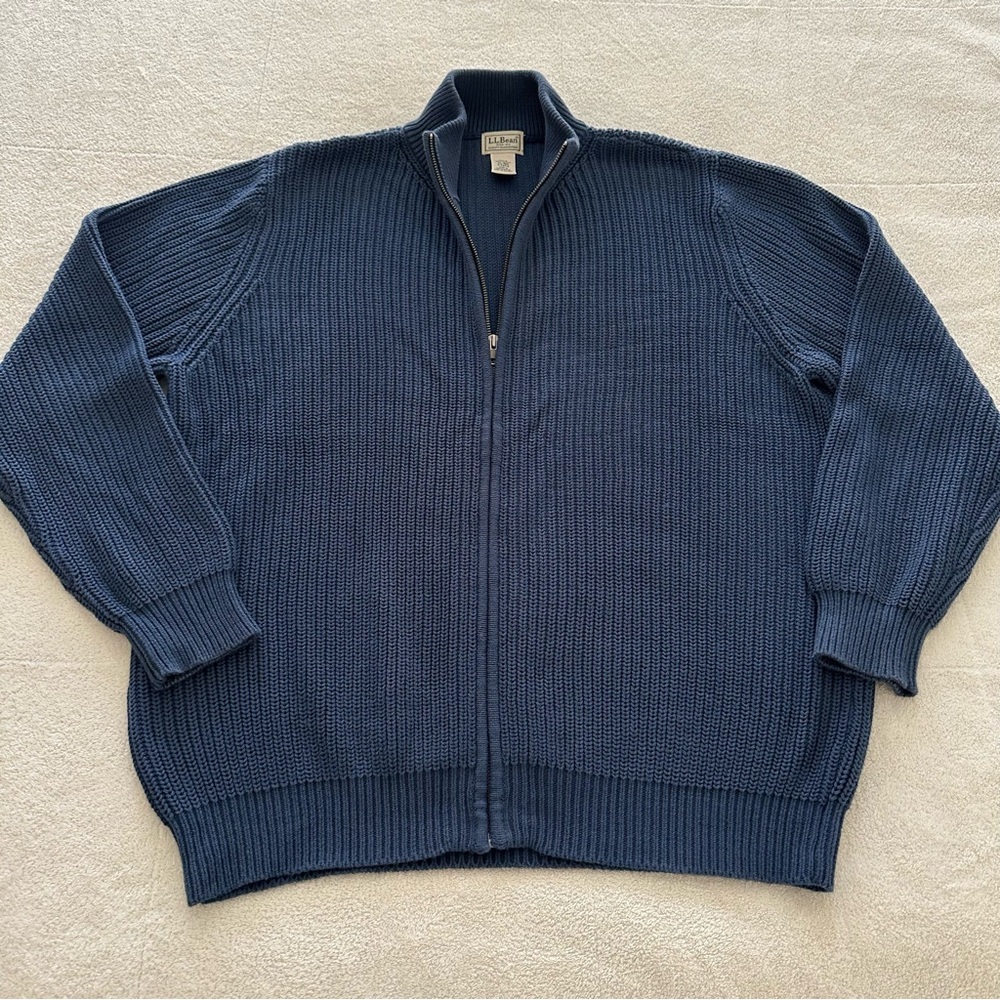 LL Bean Men’s Blue Full Zip Rib Knit 100% Cotton Cardigan Sweater XL